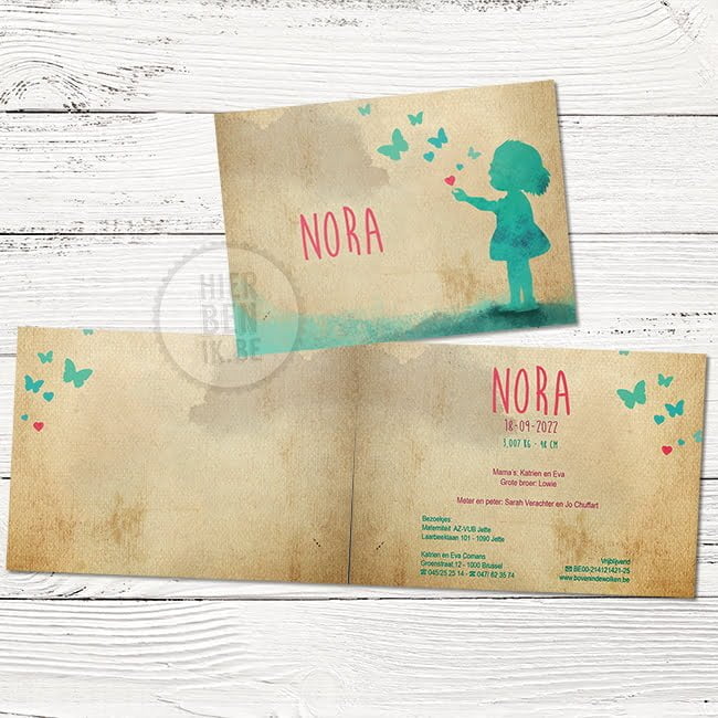 Geboortekaartje silhouet schattig meisje en vlinders - Nora - Afbeelding 3
