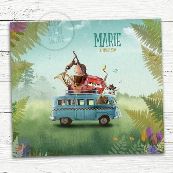 Geboortekaartje muziek dieren in busje