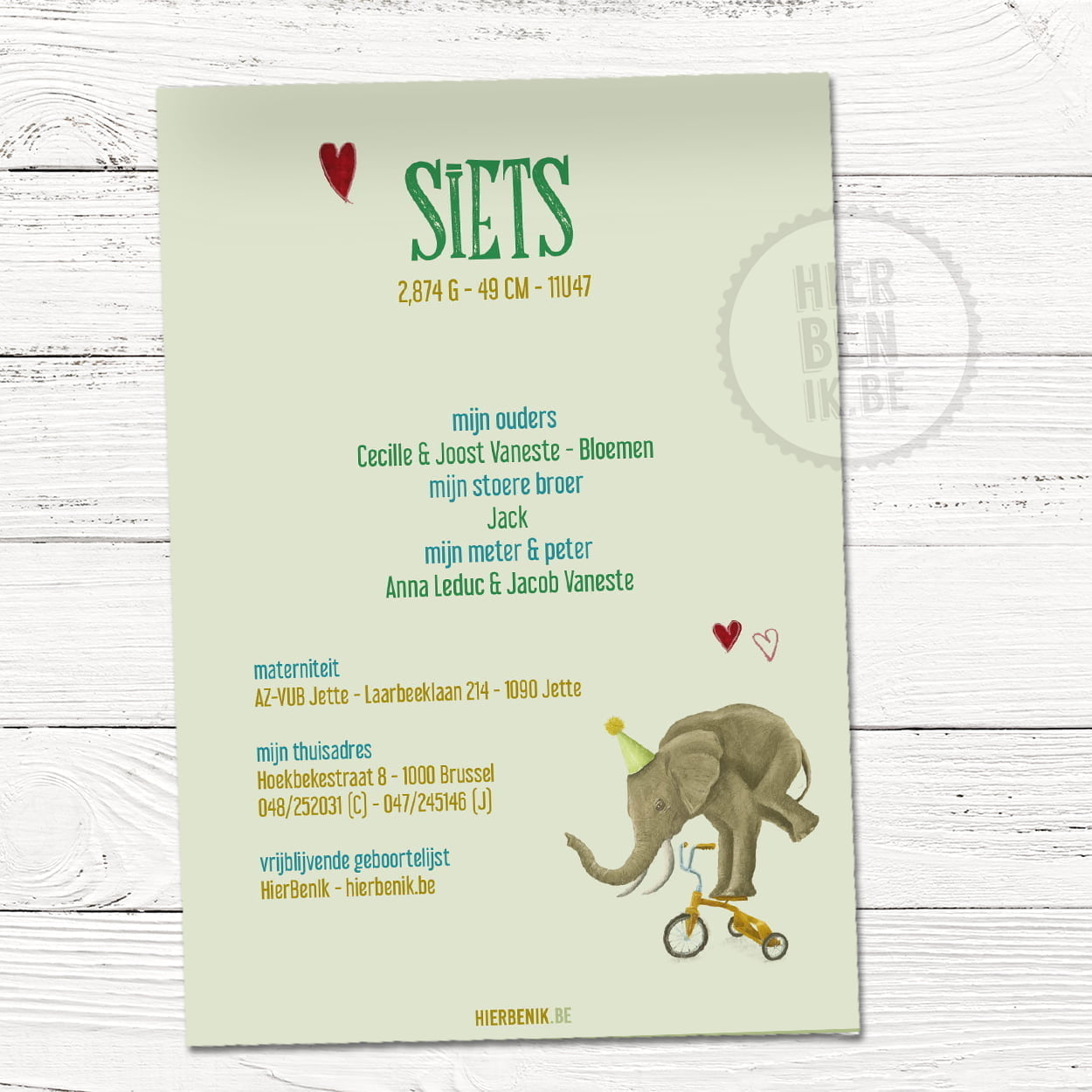 Origineel geboortekaartje olifant op fiets 'Siets' - Afbeelding 2