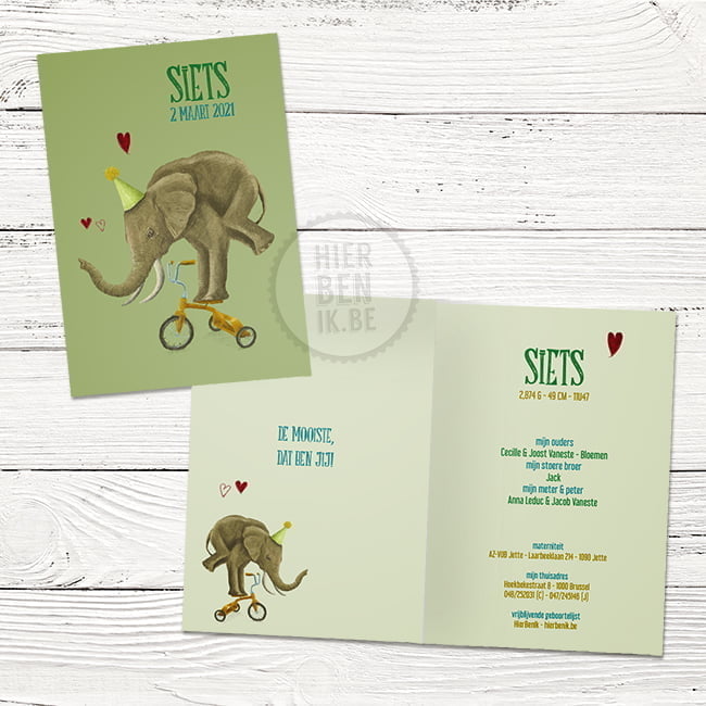 Origineel geboortekaartje olifant op fiets 'Siets' - Afbeelding 3