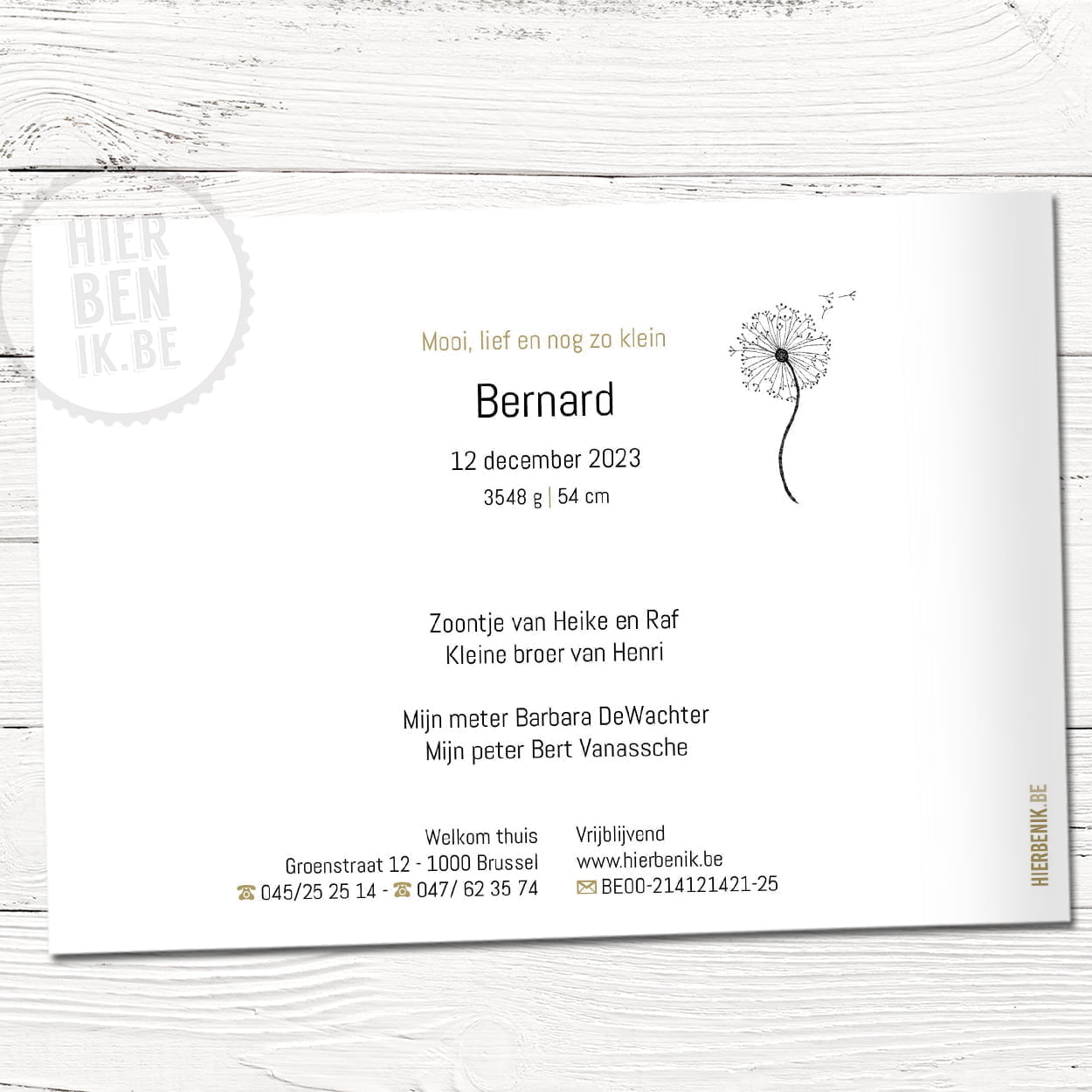 Geboortekaartje met pluis bloem 'Bernard' - Afbeelding 2