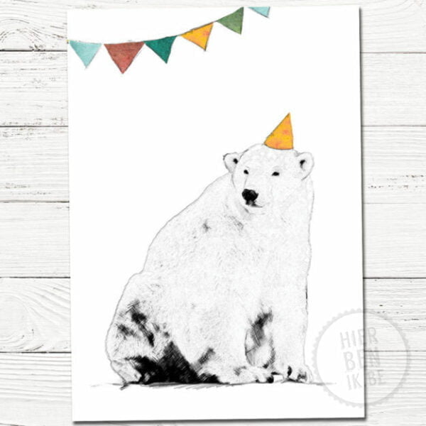 Luxekaart Wenskaart Feest Beer. Deze luxe wenskaart met een feestende beer heeft een tekening van een beer met feesthoedje. De Scandinavische stijl