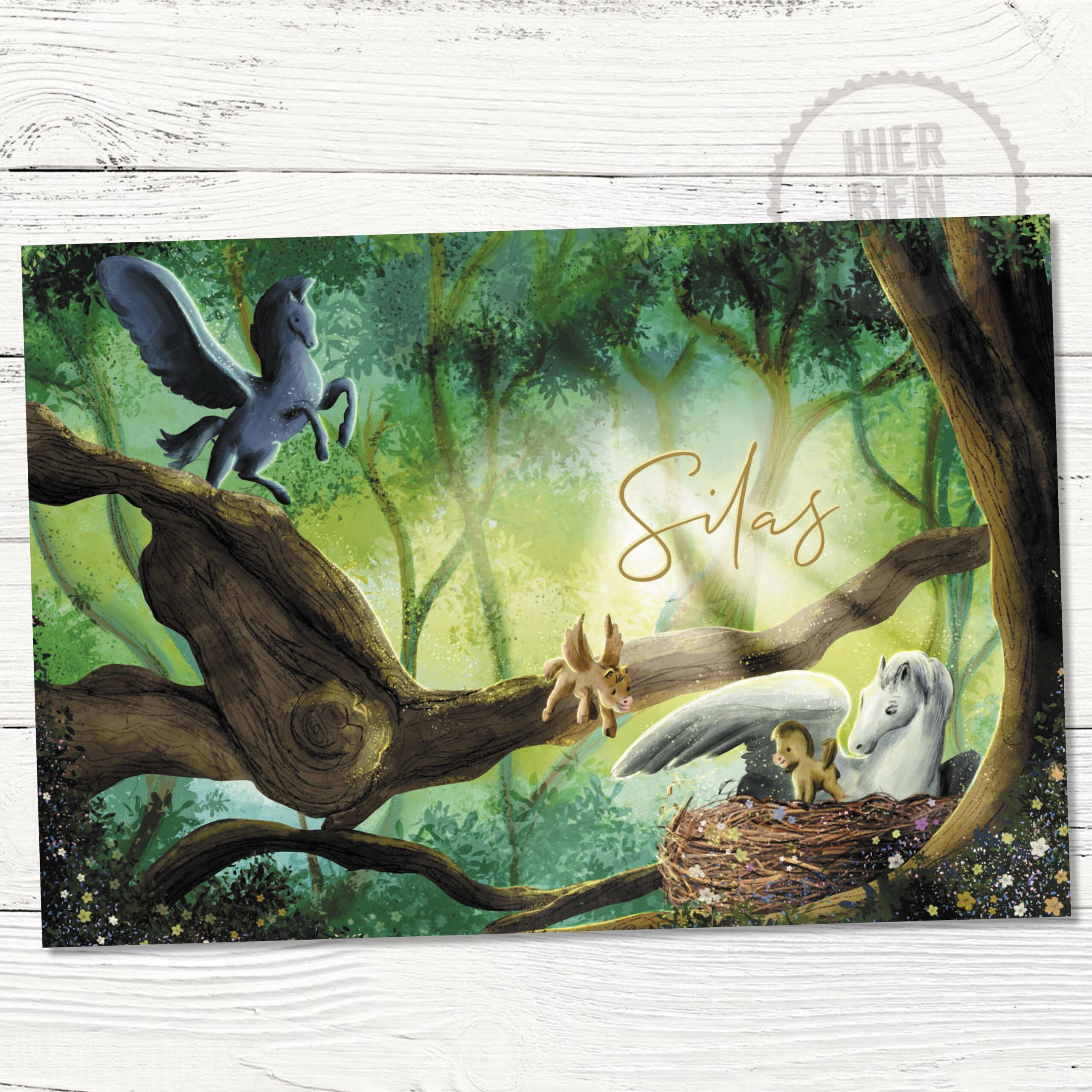 geboortekaartje met pegasus familie in natuur. nest hoog in de bomen.