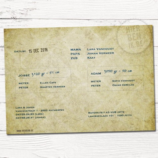 retro geboortekaartjes voor tweeling met houten popjes soldaten