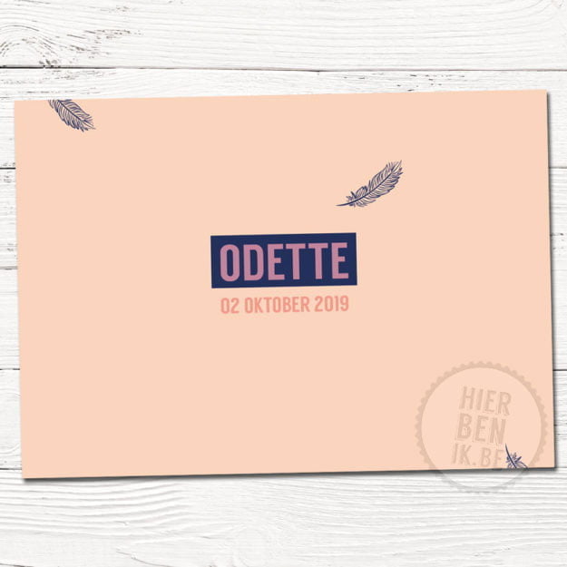 oud roze strak geboortekaartje met een veertje