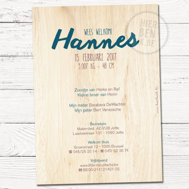 geboortekaartjes Hannes met giraf en vos op hout
