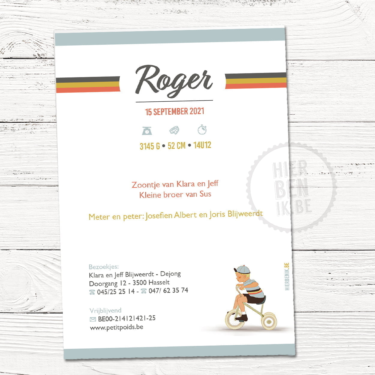 Geboortekaartje 'Roger' wielrenner kleine flandrien - Afbeelding 2