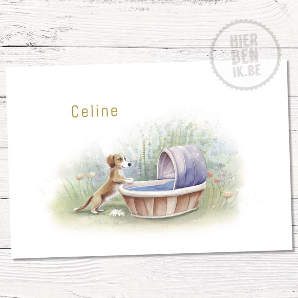 Minimalistisch geboortekaartje met een illustratie van een hondje dat nieuwsgierig in babywieg kijkt